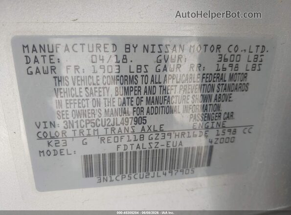 3N1CP5CU2JL497905 2018 NISSAN KICKS Silver Engine compartment view
