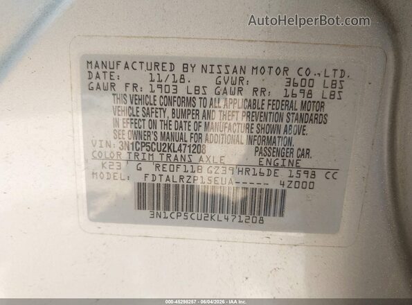 3N1CP5CU2KL471208 2019 NISSAN KICKS Silver Շարժիչի բաժամունքի տեսք