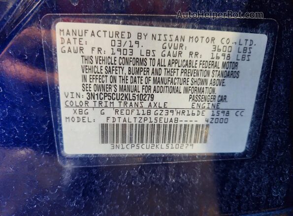 3N1CP5CU2KL510279 2019 NISSAN KICKS Blue Սալոնի 360 աստիճան տեսք