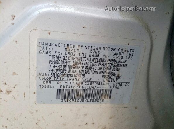 3N1CP5CU2KL522075 2019 NISSAN KICKS Silver 