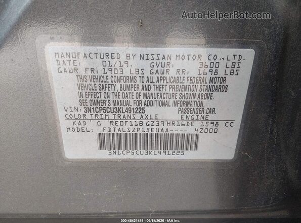 3N1CP5CU3KL491225 2019 NISSAN KICKS Gray Engine compartment view