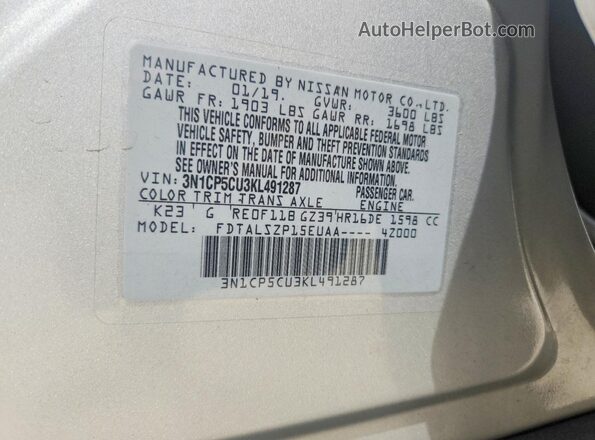 3N1CP5CU3KL491287 2019 NISSAN KICKS Серебряный Вид наклейки с VIN-кодом