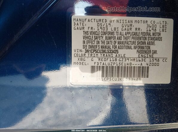 3N1CP5CU3KL533425 2019 NISSAN KICKS Синий Вид подкапотного пространства