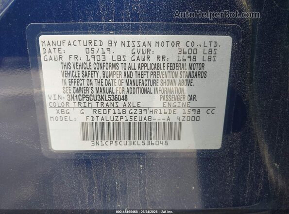3N1CP5CU3KL536048 2019 NISSAN KICKS Blue Engine compartment view