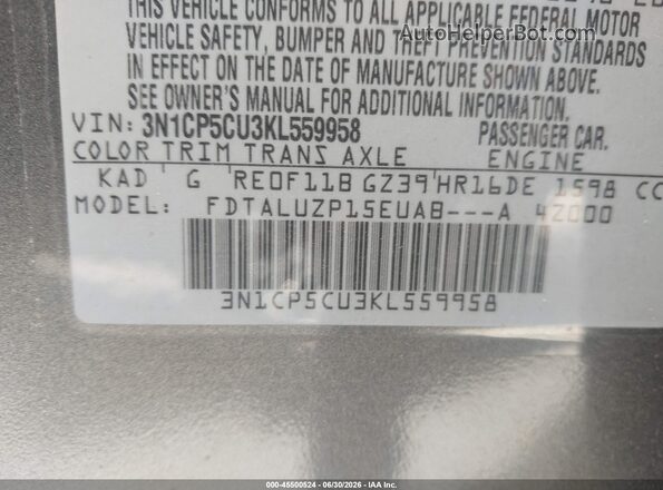 3N1CP5CU3KL559958 2019 NISSAN KICKS Gray Вид підкапотного простору