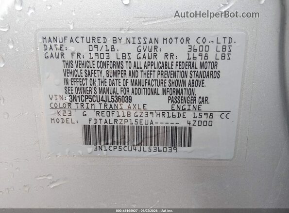 3N1CP5CU4JL536039 2018 NISSAN KICKS Серебряный Вид подкапотного пространства