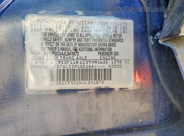 3N1CP5CU4JL541872 2018 NISSAN KICKS Blue VIN կոդի պիտակի տեսք