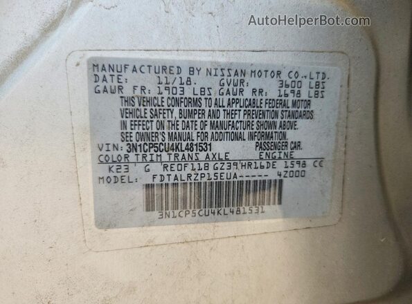 3N1CP5CU4KL481531 2019 NISSAN KICKS Серебряный Вид наклейки с VIN-кодом
