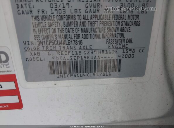 3N1CP5CU4KL517816 2019 NISSAN KICKS White Engine compartment view