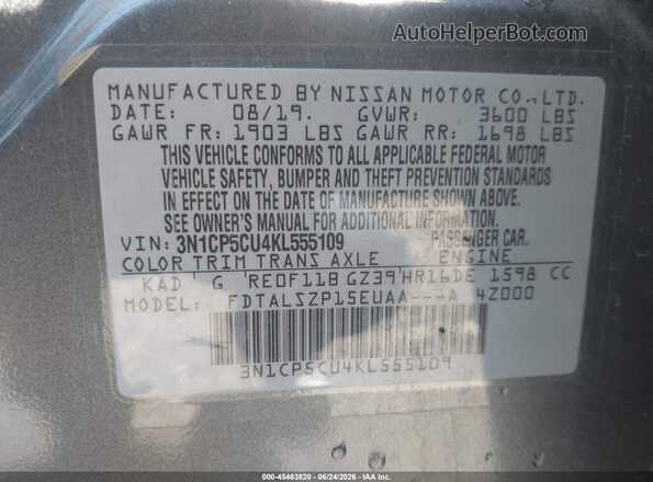 3N1CP5CU4KL555109 2019 NISSAN KICKS Gray ძრავის განყოფილების ხედი