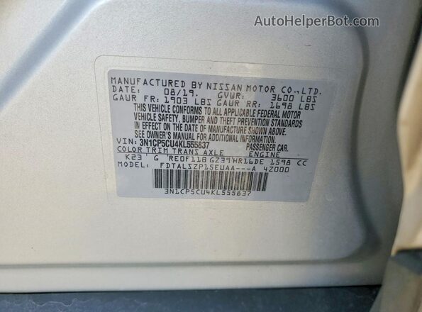3N1CP5CU4KL555837 2019 NISSAN KICKS Серебряный 