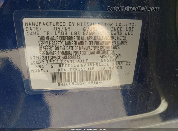3N1CP5CU5KL528842 2019 NISSAN KICKS Синий 
