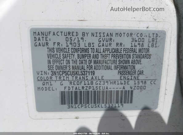 3N1CP5CU5KL537119 2019 NISSAN KICKS White Vista del compartimento del motor