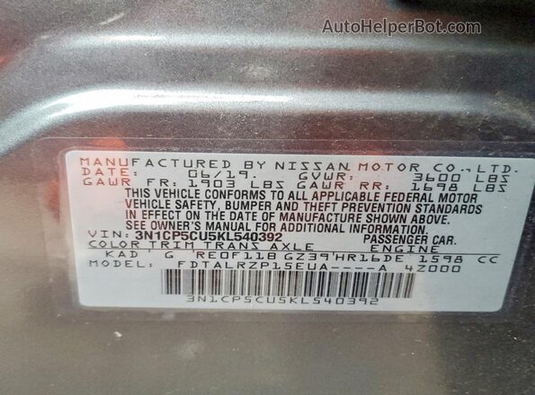 3N1CP5CU5KL540392 2019 NISSAN KICKS Charcoal Widok naklejki z numerem VIN