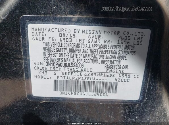 3N1CP5CU6JL524006 2018 NISSAN KICKS Black Engine compartment view