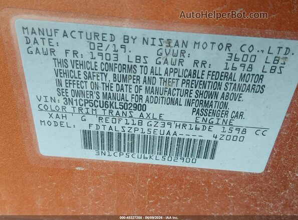 3N1CP5CU6KL502900 2019 NISSAN KICKS Orange Widok komory silnika