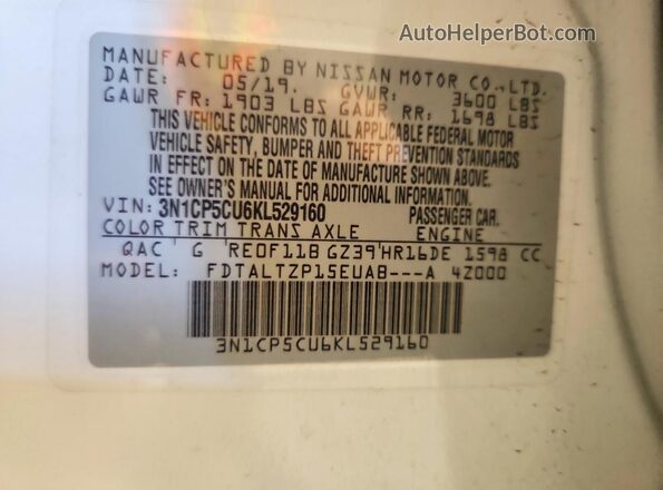 3N1CP5CU6KL529160 2019 NISSAN KICKS White VIN sticker view