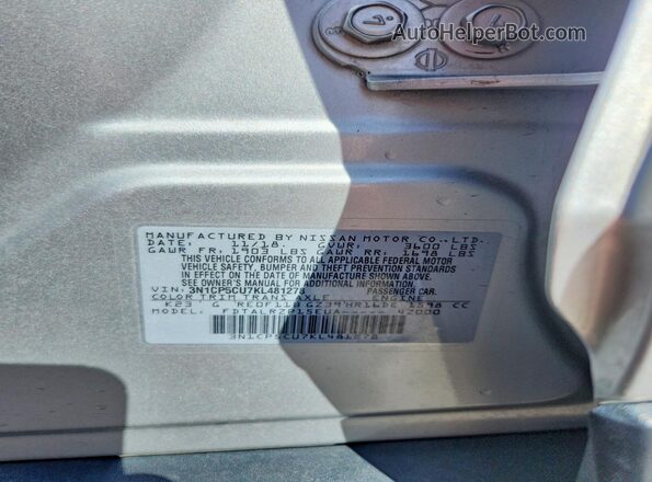3N1CP5CU7KL481278 2019 NISSAN KICKS Silver VIN კოდის სტიკერის ხედი