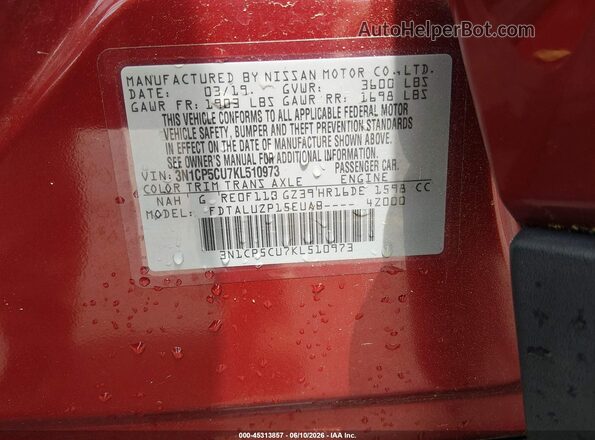3N1CP5CU7KL510973 2019 NISSAN KICKS Red Вид підкапотного простору