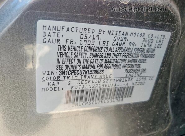 3N1CP5CU7KL536988 2019 NISSAN KICKS Gray 