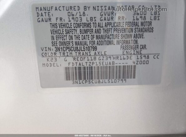 3N1CP5CU8JL510799 2018 NISSAN KICKS Silver Vista del compartimento del motor