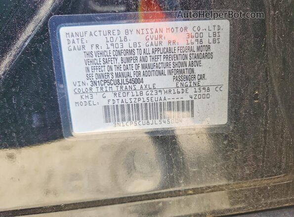 3N1CP5CU8JL545004 2018 NISSAN KICKS Black VIN კოდის სტიკერის ხედი