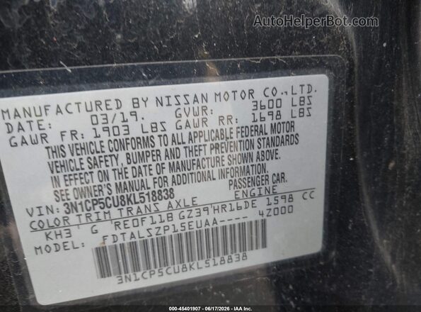 3N1CP5CU8KL518838 2019 NISSAN KICKS Black Vista del compartimento del motor
