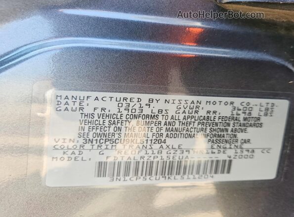 3N1CP5CU9KL511204 2019 NISSAN KICKS Gray VIN sticker view