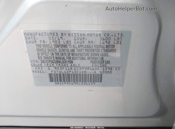 3N1CP5CU9KL531159 2019 NISSAN KICKS Silver Vista del compartimento del motor