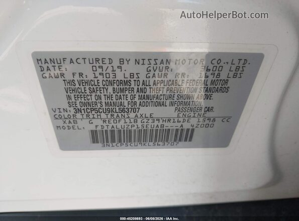 3N1CP5CU9KL563707 2019 NISSAN KICKS White ძრავის განყოფილების ხედი