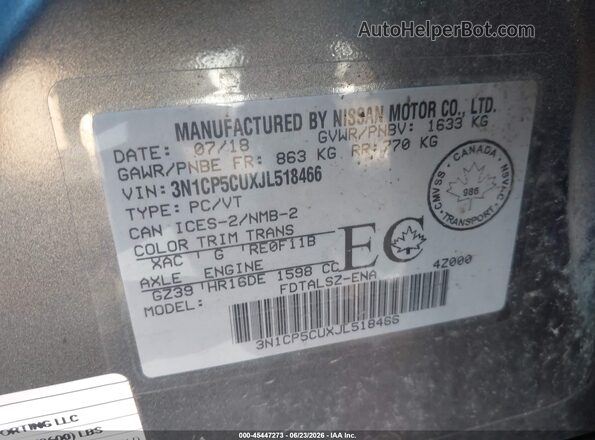 3N1CP5CUXJL518466 2018 NISSAN KICKS Gray Engine compartment view