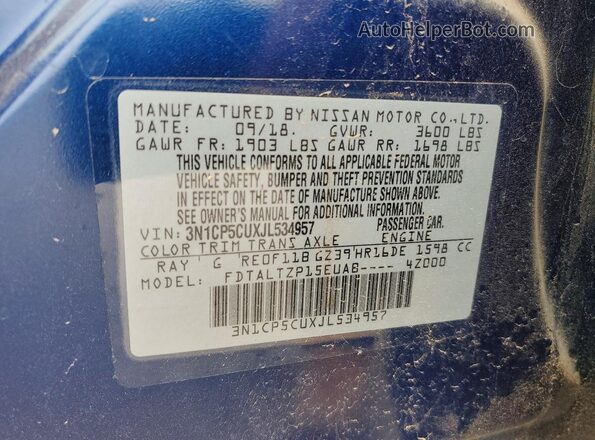 3N1CP5CUXJL534957 2018 NISSAN KICKS Blue Вид наклейки з VIN-кодом