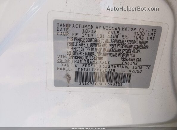 3N1CP5CUXJL543108 2018 NISSAN KICKS White Vista del compartimento del motor