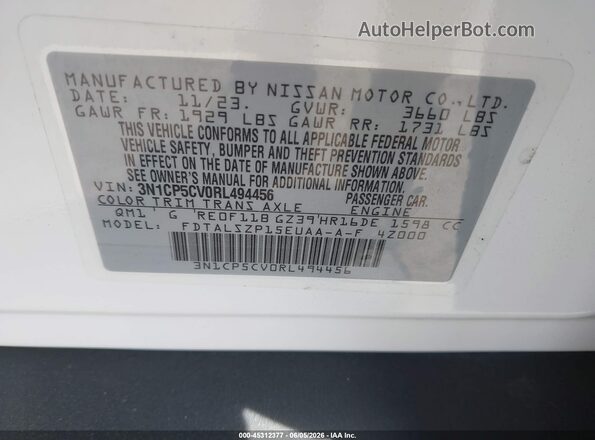 3N1CP5CV0RL494456 2024 NISSAN KICKS White Widok komory silnika