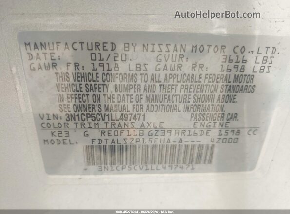 3N1CP5CV1LL497471 2020 NISSAN KICKS Silver Widok komory silnika