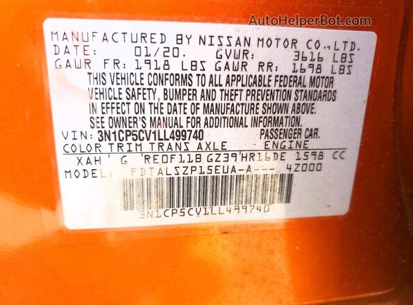 3N1CP5CV1LL499740 2020 NISSAN KICKS Orange VIN sticker view