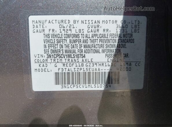 3N1CP5CV1ML510754 2021 NISSAN KICKS Gray Widok komory silnika