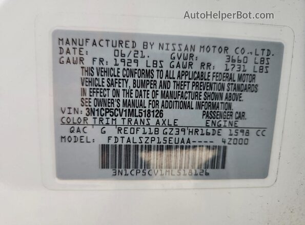 3N1CP5CV1ML518126 2021 NISSAN KICKS White Widok naklejki z numerem VIN