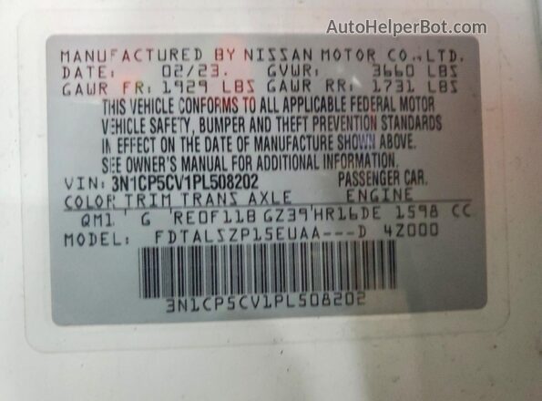 3N1CP5CV1PL508202 2023 NISSAN KICKS White 