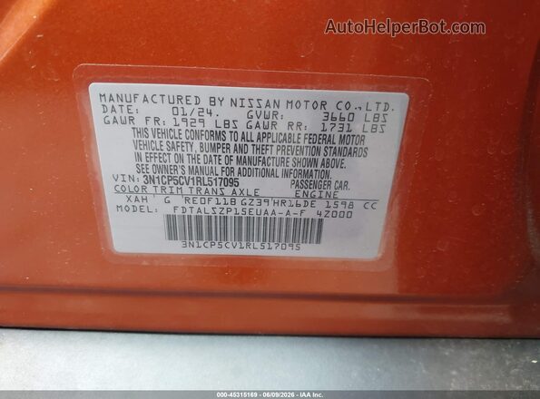 3N1CP5CV1RL517095 2024 NISSAN KICKS Оранжевый Вид подкапотного пространства