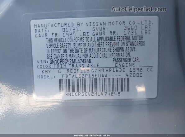 3N1CP5CV2ML474248 2021 NISSAN KICKS Серый Вид подкапотного пространства