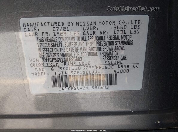 3N1CP5CV2ML525893 2021 NISSAN KICKS Gray 