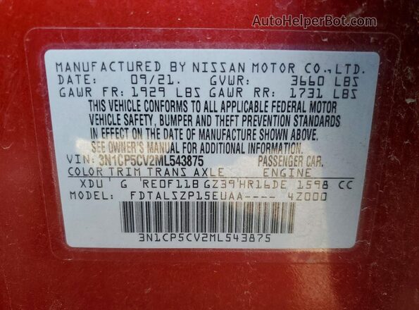 3N1CP5CV2ML543875 2021 NISSAN KICKS Red Вид наклейки з VIN-кодом