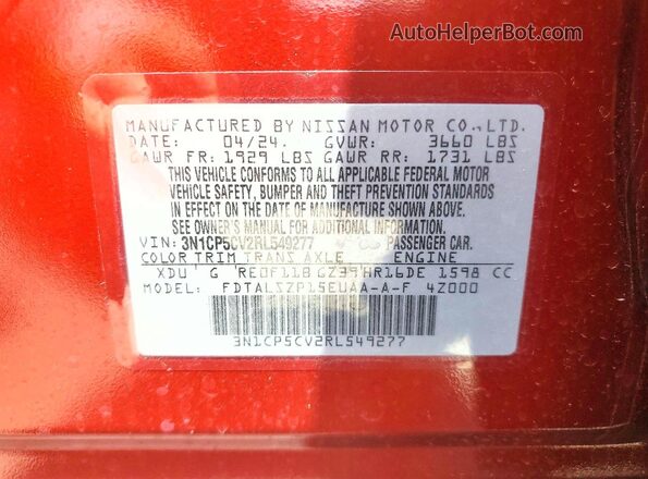 3N1CP5CV2RL549277 2024 NISSAN KICKS Red Вид наклейки з VIN-кодом