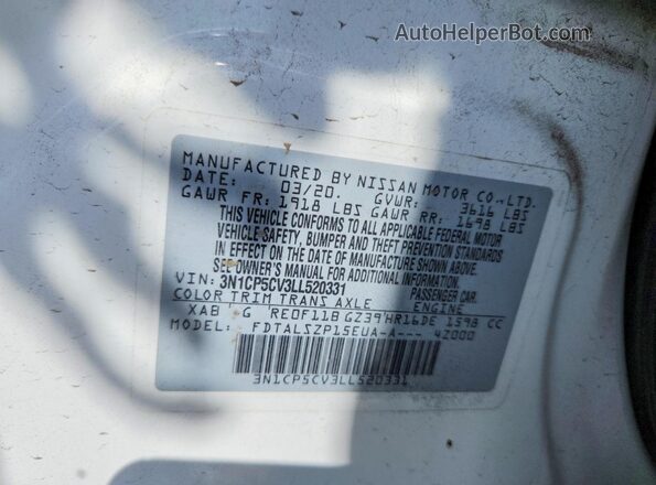 3N1CP5CV3LL520331 2020 NISSAN KICKS White VIN sticker view