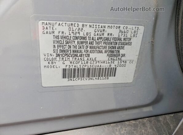 3N1CP5CV3NL481128 2022 NISSAN KICKS Gray 