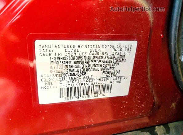 3N1CP5CV4ML468936 2021 NISSAN KICKS Red VIN კოდის სტიკერის ხედი
