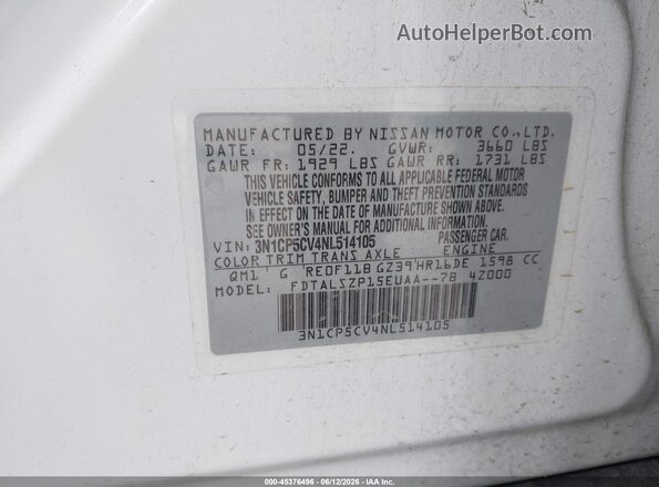 3N1CP5CV4NL514105 2022 NISSAN KICKS White Engine compartment view