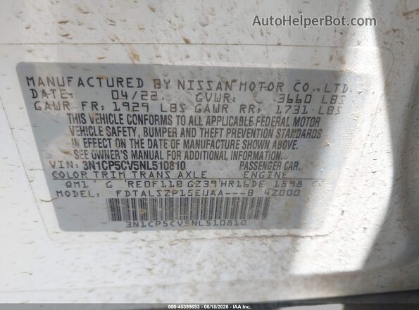 3N1CP5CV5NL510810 2022 NISSAN KICKS White Vista del compartimento del motor
