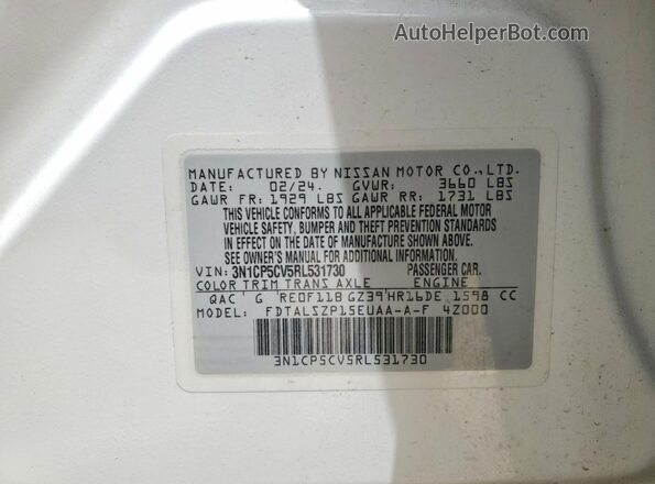 3N1CP5CV5RL531730 2024 NISSAN KICKS White Вид наклейки з VIN-кодом